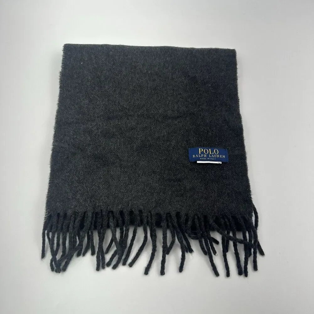 Polo Ralph Lauren Wool Scarf Pony Logo Fringe Gray 68